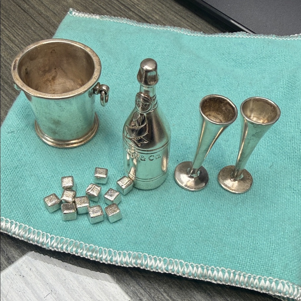 Tiffany & Co. Silver Miniature Barware Set on Tiffany Blue Cloth